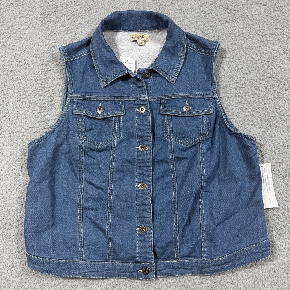 One World Women's Blue Sleeveless Button Front Vest Large Pockets Soft Denim